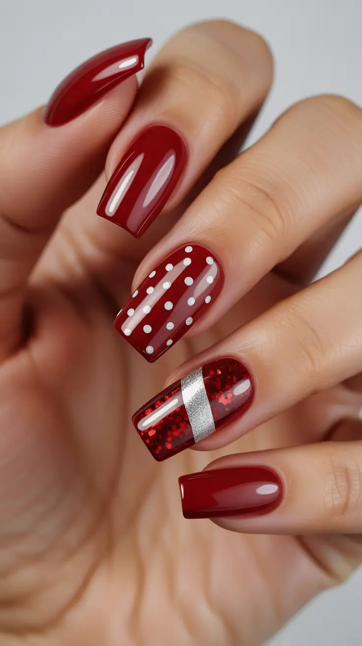 Trendy Simple Christmas Nails 2025 - Gift-Box Sparkle with Silver Band