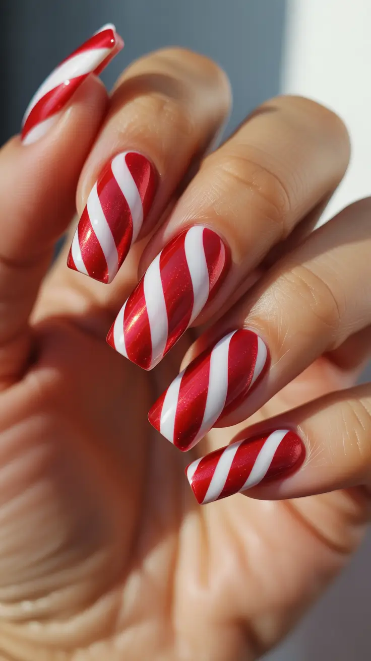 Trendy Simple Christmas Nails 2025 - Candy-Cane Swirl on Soft Coffins