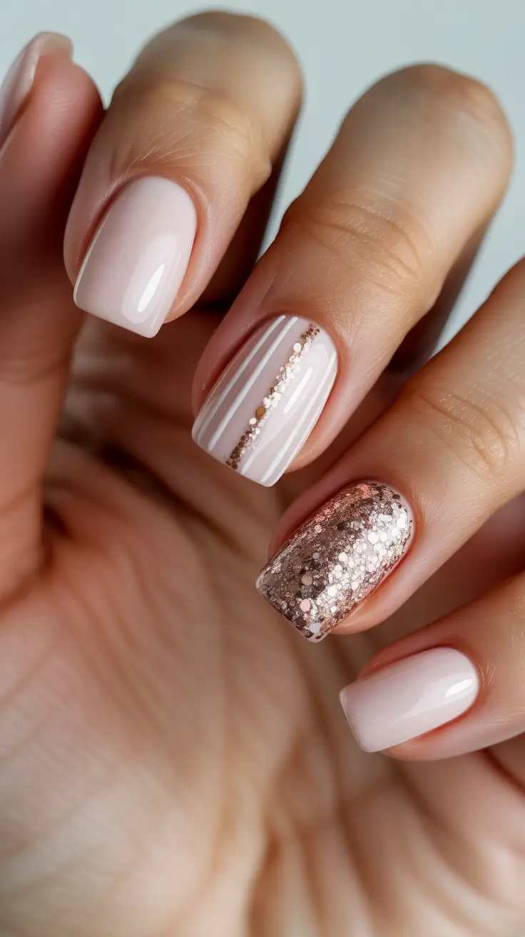 Trendy Simple Christmas Nails 2025 - Milky Nude With Rose-Gold Sparkle
