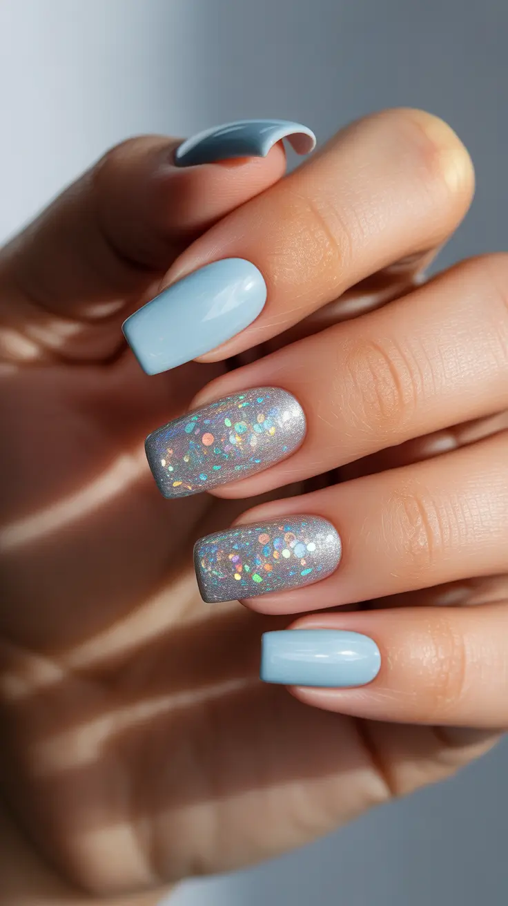 Ice-Blue Square With Lunar Confetti simple winter nails
