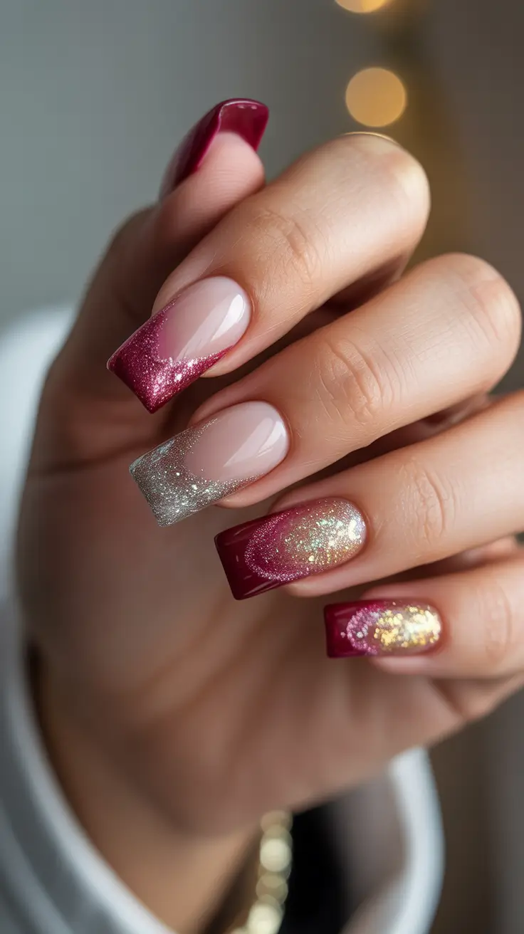 simple winter nails - Berry-Red French Squares With Starlit Fade