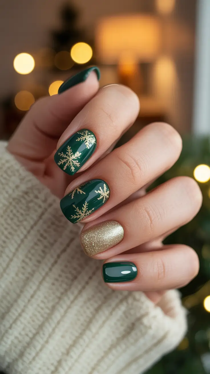simple winter nails - Forest Green With Golden Snowflakes