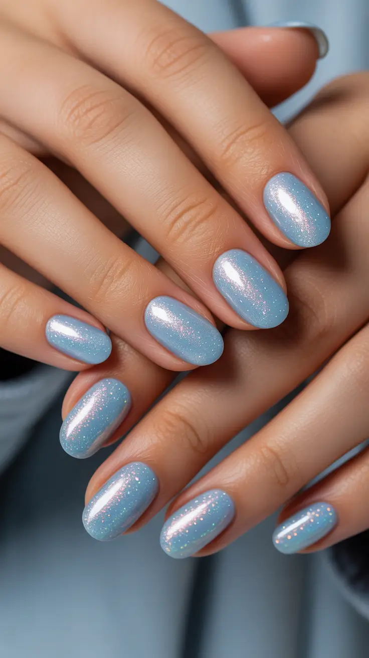 simple winter nails - Icy Sky Shimmer On Soft Ovals