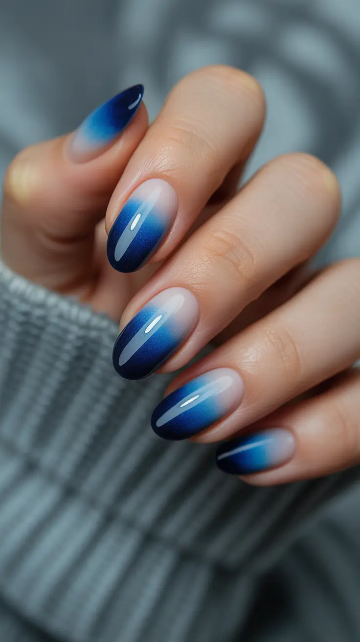simple winter nails - Frosted Midnight Ombre In Soft Almond