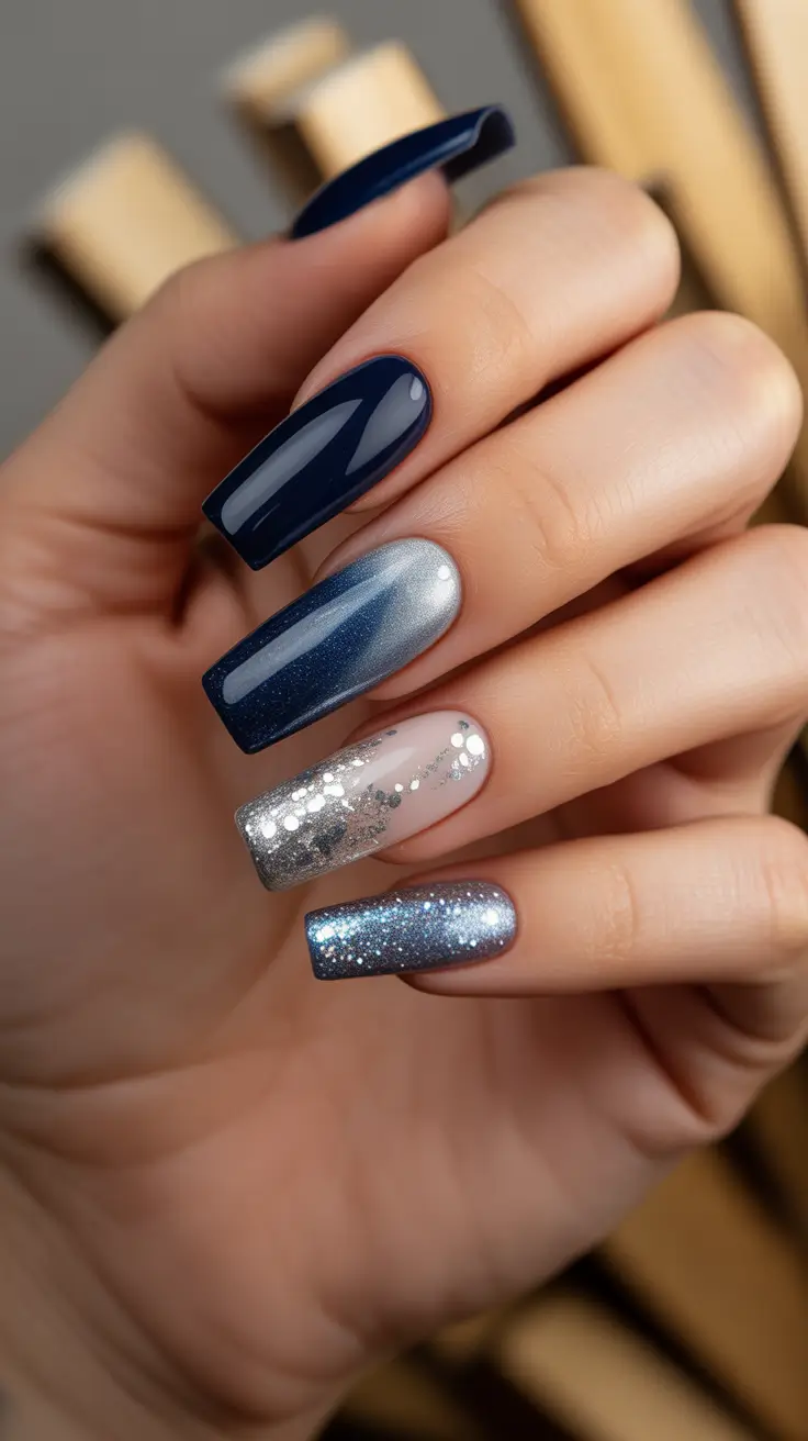 simple winter nails - Navy And Silver Party Square With Sparkle