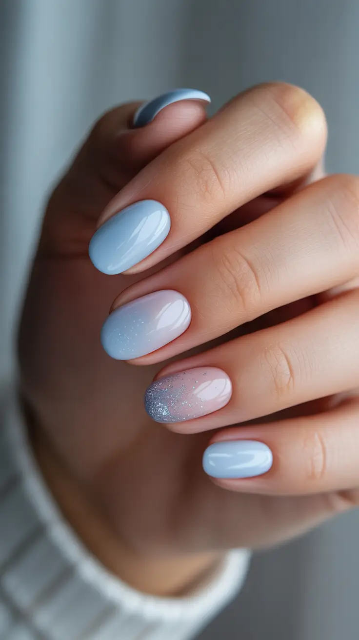 simple winter nails - Powder-Blue Sheer Gradient With Tiny Shimmer