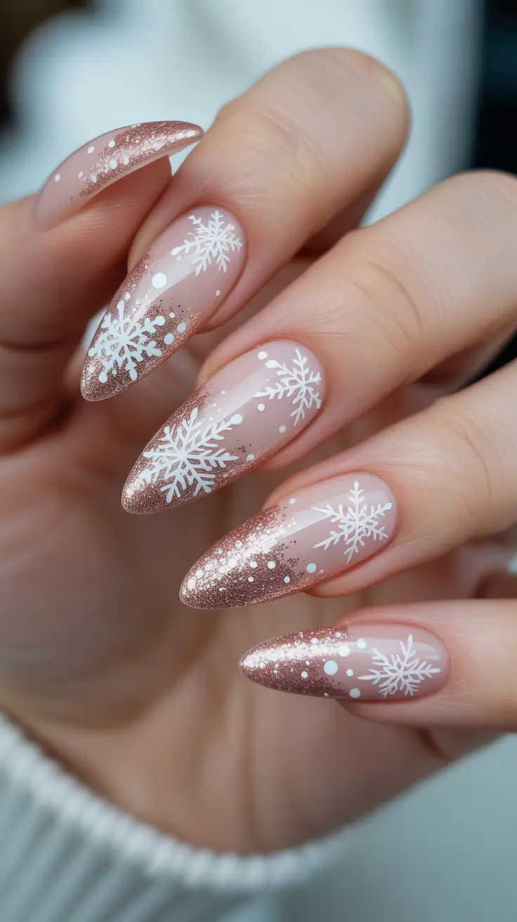 Snowflake Nail Designs for Winter 2025-2026 - Rose-Gold Flurry on Baby-Pink Almonds