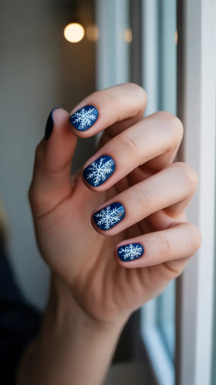 Snowflake Nail Designs for Winter 2025-2026 - Navy Minis with One-Flake Focus