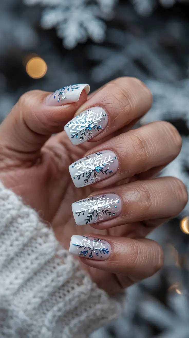 Snowflake Nail Designs for Winter 2025-2026 - Blue-White Ombre With Frosted Flakes