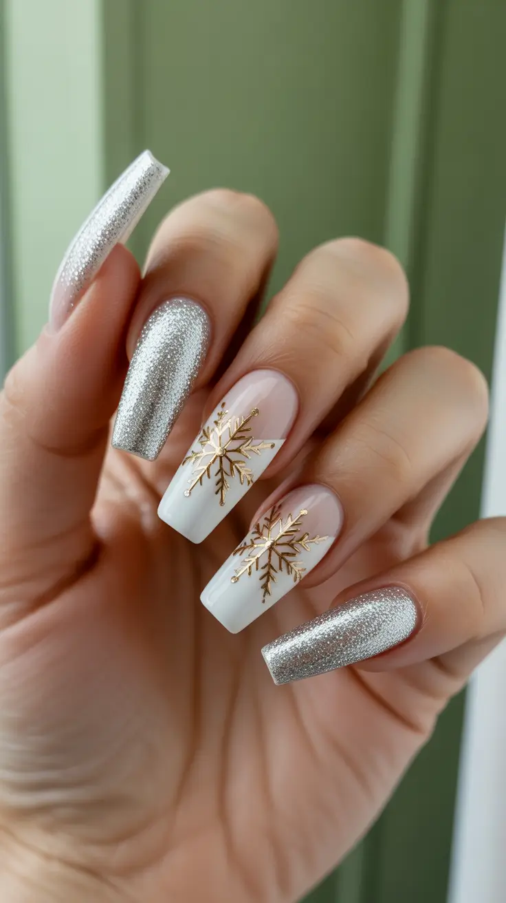 Snowflake Nail Designs for Winter 2025-2026 - Chrome Silver With Gold Snowflake Accents
