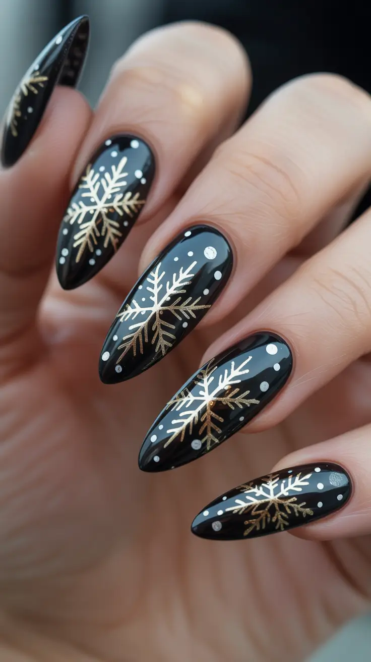 Snowflake Nail Designs for Winter 2025-2026 - Glossy Onyx With Gilded Constellation Flakes