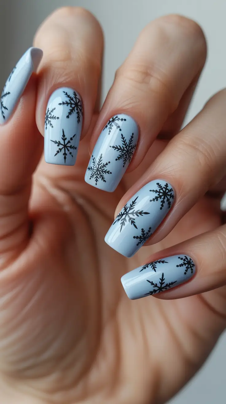 Snowflake Nail Designs for Winter 2025-2026 - Powder-Blue Snowfall With Ink-Black Flakes