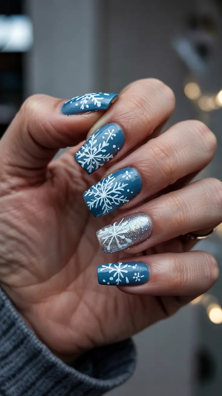 Snowflake Nail Designs for Winter 2025-2026 - Denim Blue Snowfall with Glitter Accent