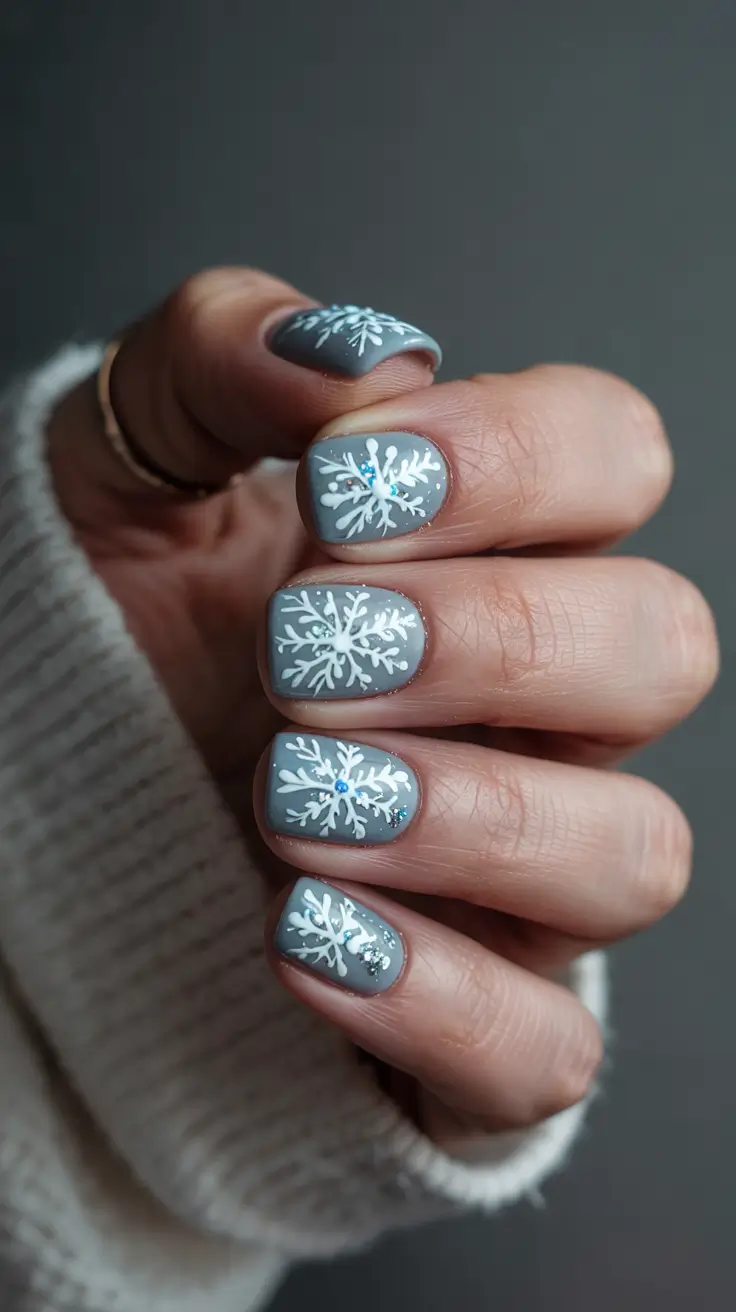Snowflake Nail Designs for Winter 2025-2026 - Soft Grey Shorties with Crystal Centers