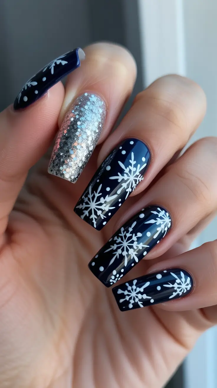Snowflake Nail Designs for Winter 2025-2026 - Night-Sky Navy with Statement Sparkle