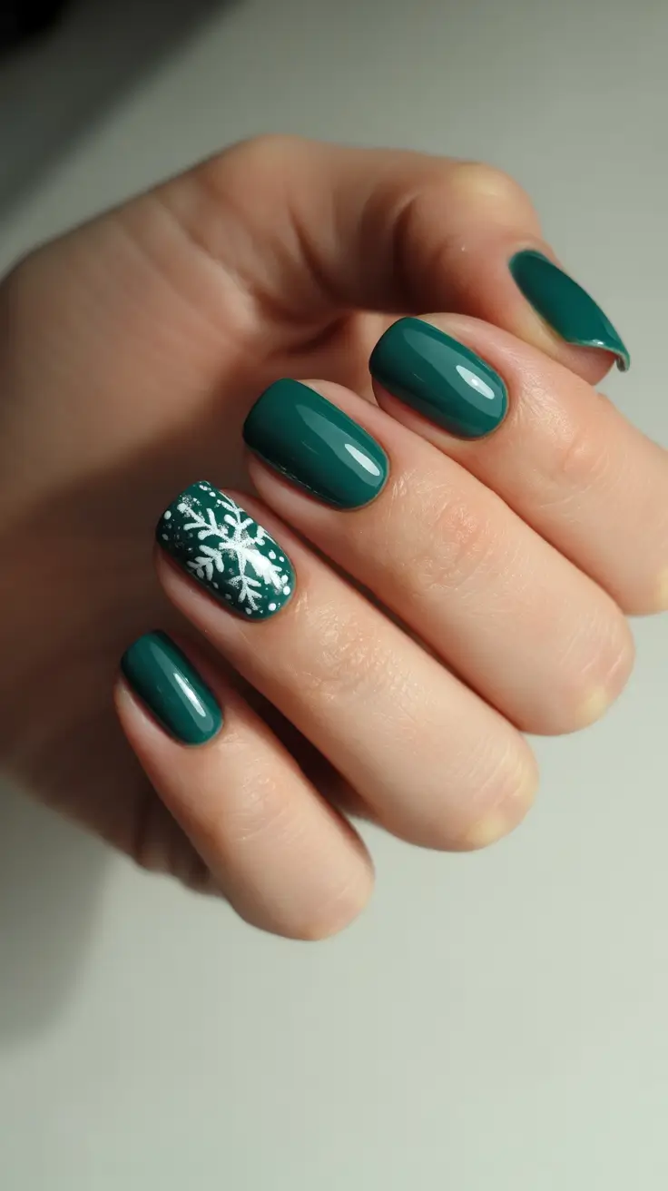 Snowflake Nail Designs for Winter 2025-2026 - Minimal Forest Green With One Snowy Accent