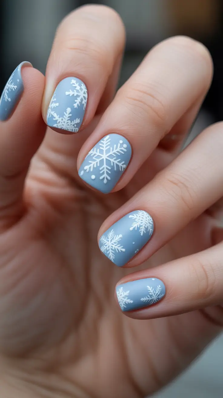 Snowflake Nail Designs for Winter 2025-2026 - Powder-Blue Short Matte Snowflakes