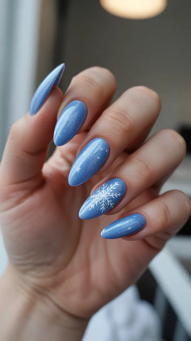 Snowflake Nail Designs for Winter 2025-2026 - Glossy Sky-Blue Almond with Single Flurry