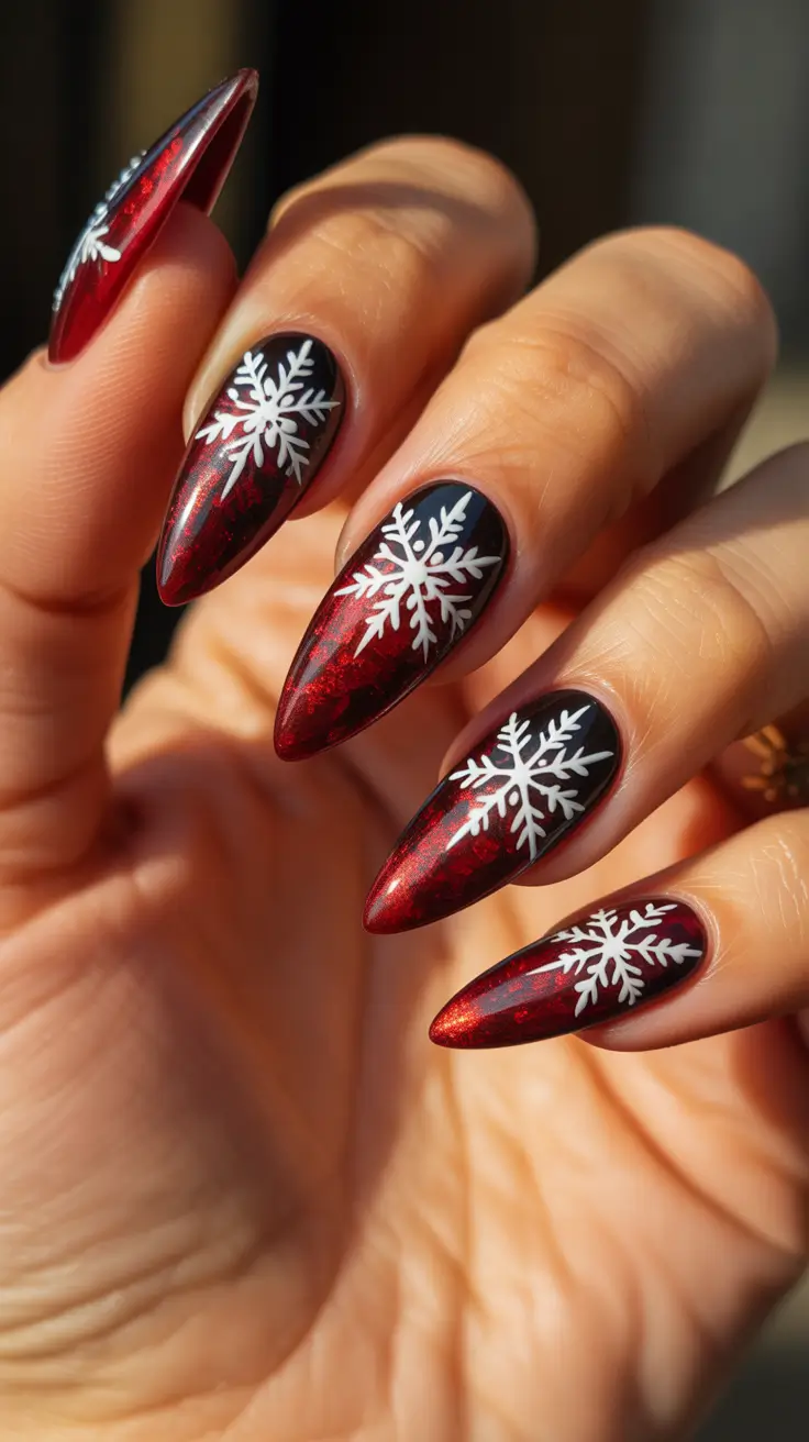 Snowflake Nail Designs for Winter 2025-2026 - Black Cherry Spark With Bold White Flakes