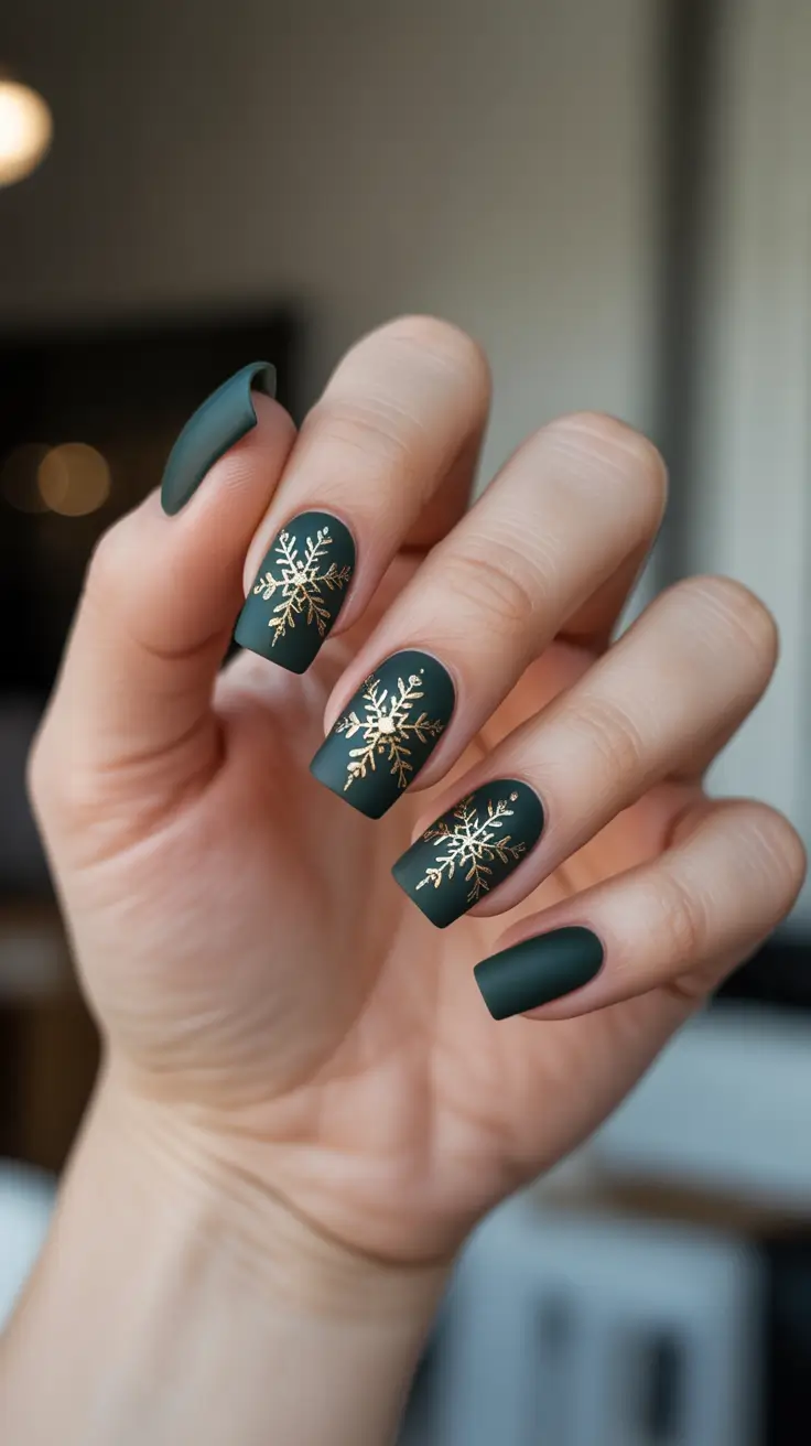 Snowflake Nail Designs for Winter 2025-2026 - Matte Evergreen With Gold Foil Snowflakes
