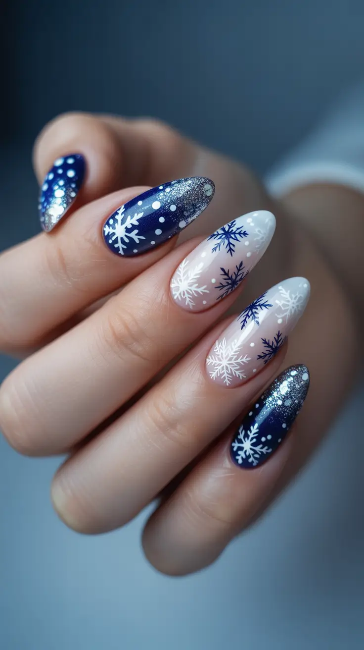 Snowflake Nail Designs for Winter 2025-2026 - Midnight-to-Light-Blue Blizzard Fade