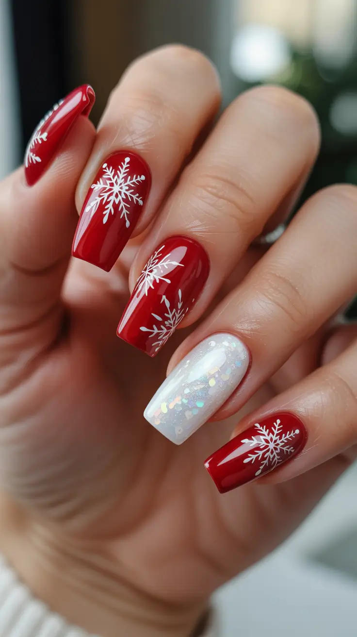 Snowflake Nail Designs for Winter 2025-2026 - Crimson Snowflakes with Icy Accent