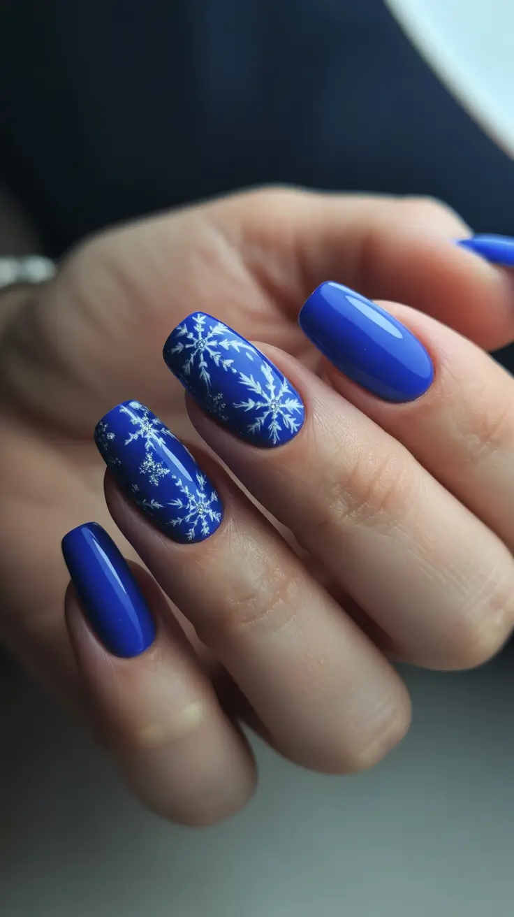 Snowflake Nail Designs for Winter 2025-2026 - Midnight Cobalt Snowfall