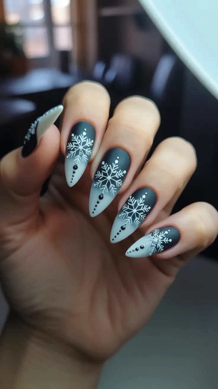 Snowflake Nail Designs for Winter 2025-2026 - Frosted Ombre with Jet-Black Accents