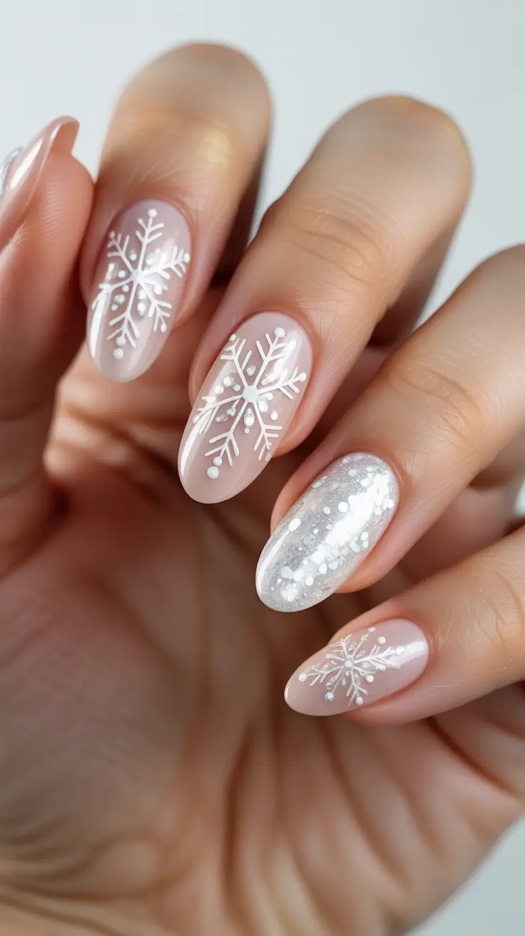 Snowflake Nail Designs for Winter 2025-2026 - Soft Petal Pink with Sugar-White Flakes