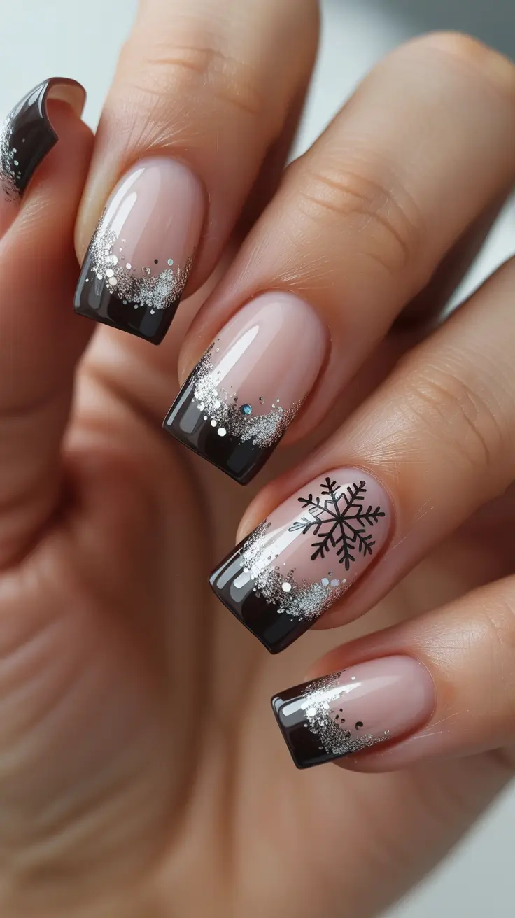 Modern Sparkly Nails Winter 2025-2026 - Black Micro-French with Snow-Kissed Glitter