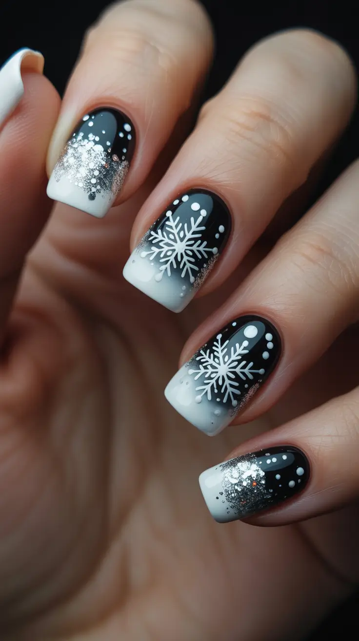 Modern Sparkly Nails Winter 2025-2026 - Snowy Ombre French With Midnight Glitter
