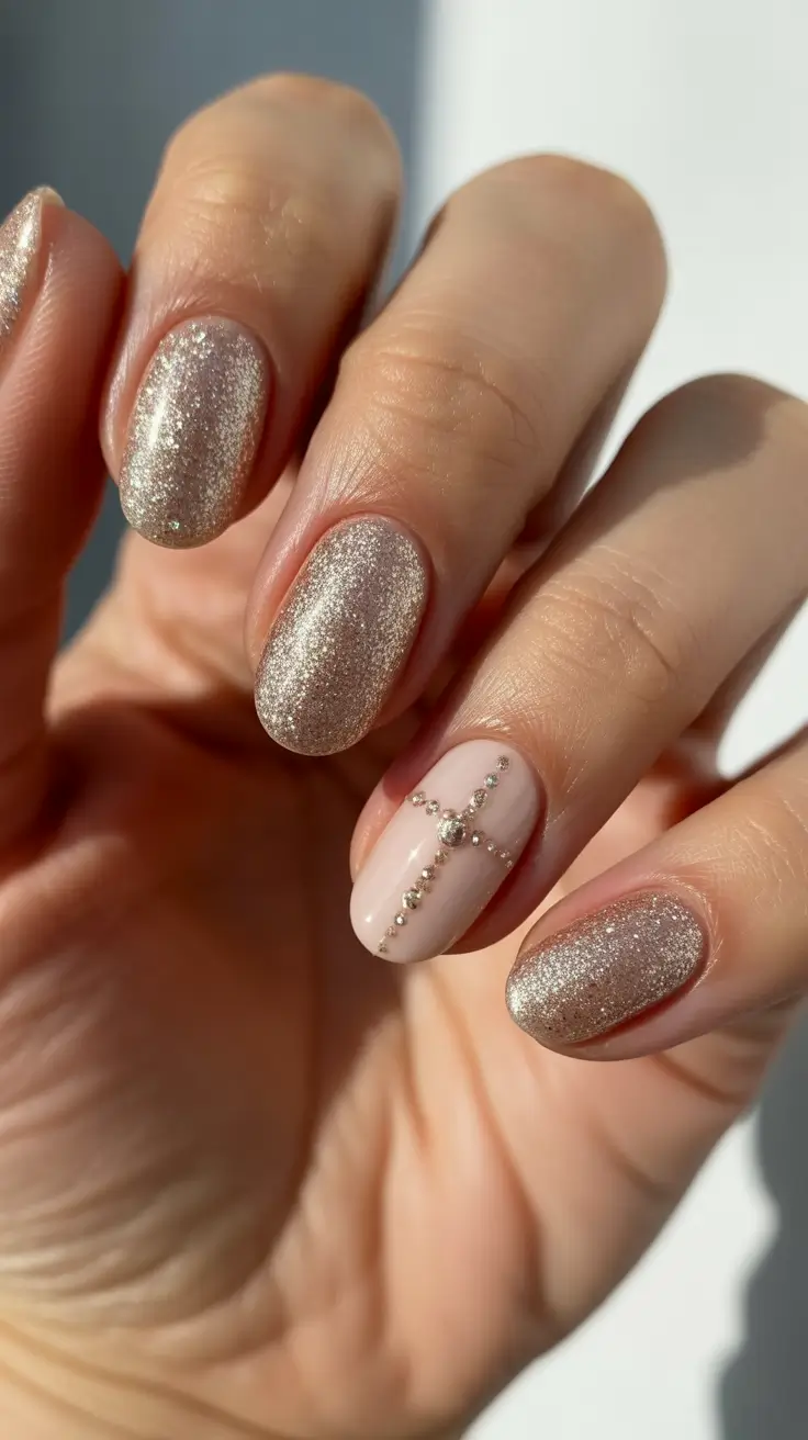 Modern Sparkly Nails Winter 2025-2026 - Champagne Sparkle with Minimal Studded Accent