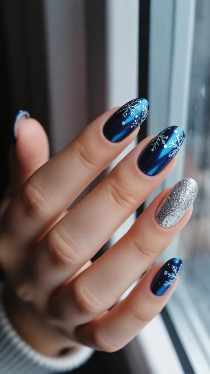 Modern Sparkly Nails Winter 2025-2026 - Midnight Cat-Eye Blue with Snowflake Accents