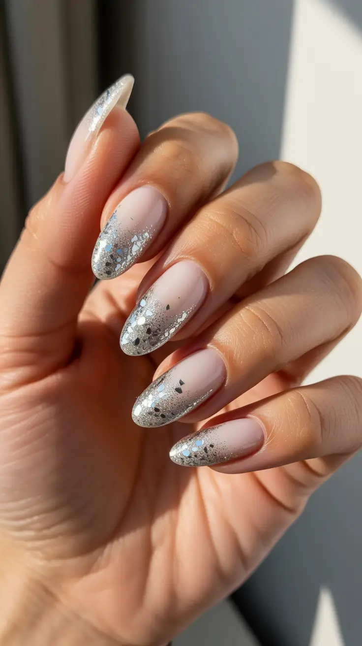Modern Sparkly Nails Winter 2025-2026 - Sheer Almond with Icy Confetti French Fade