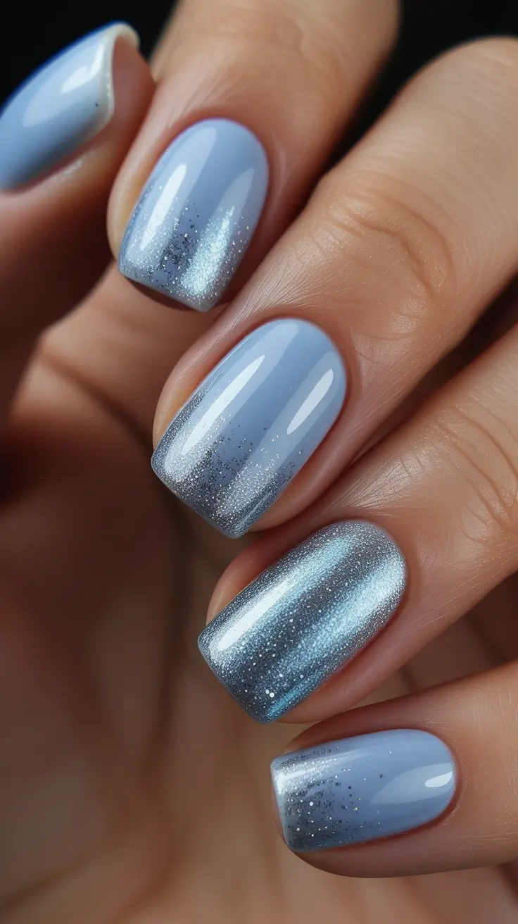 Modern Sparkly Nails Winter 2025-2026 - Frosted Light-Blue Squares with Silver Glow