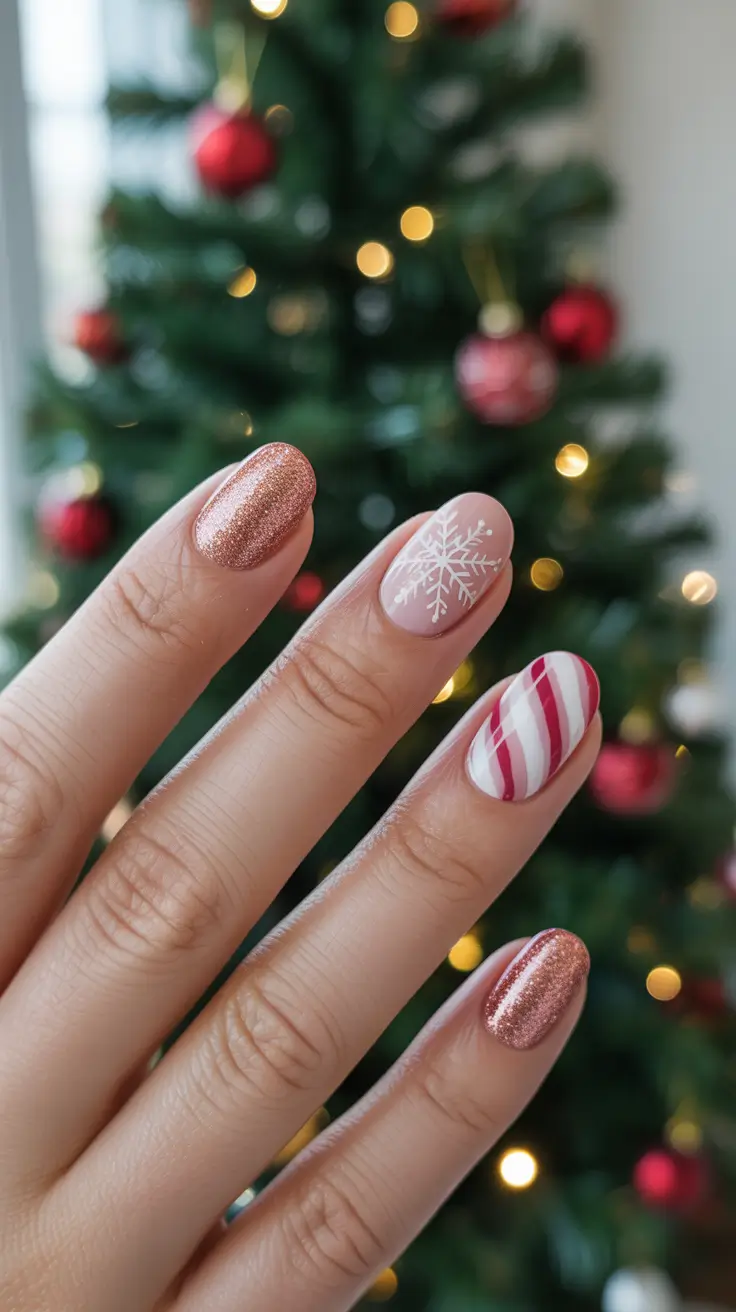 Modern Sparkly Nails Winter 2025-2026 - Gingerbread Sparkle with Snowflake and Candy Stripe