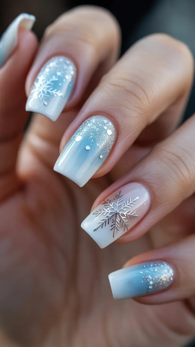Modern Sparkly Nails Winter 2025-2026 - Snowy Ombre Fade With Silver Flurries