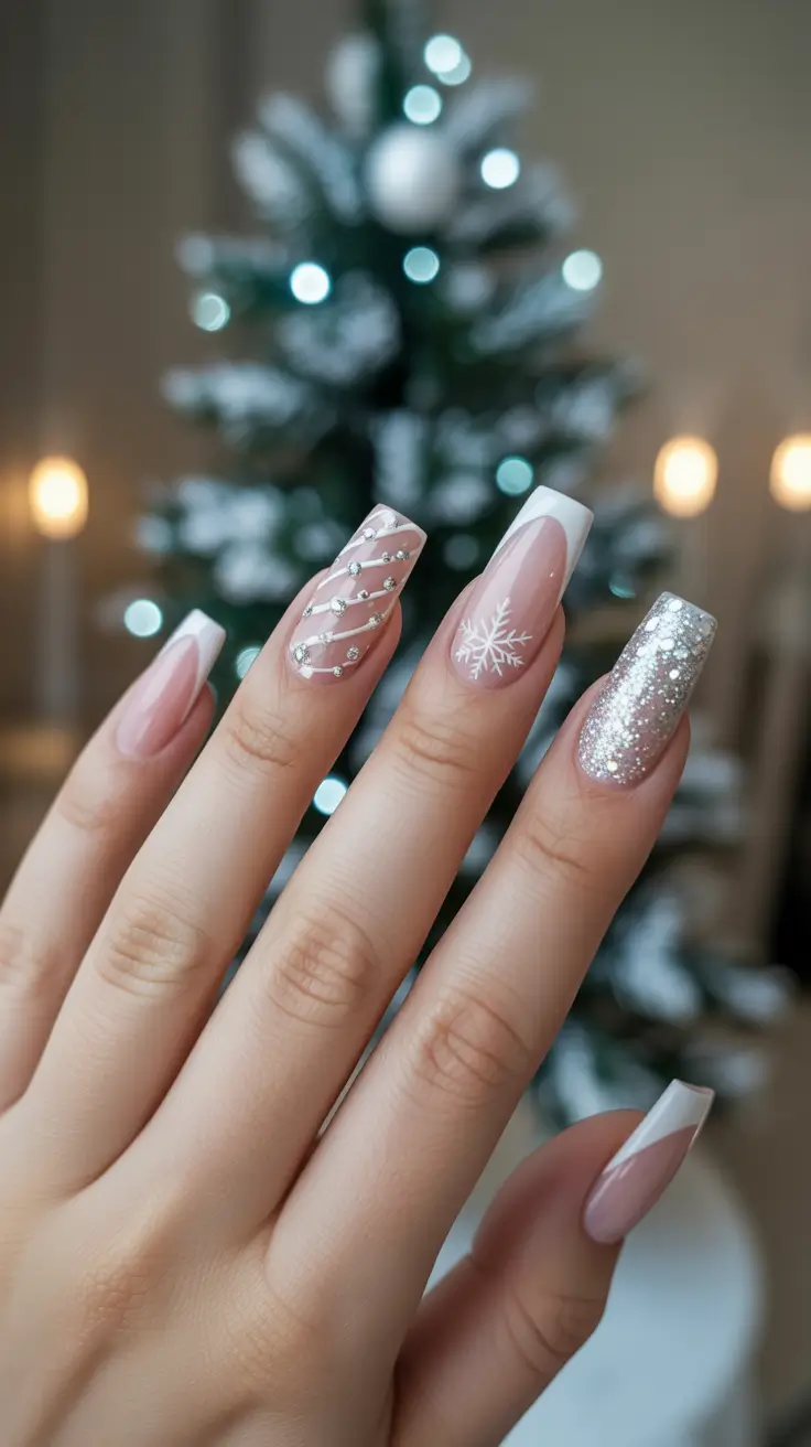 Modern Sparkly Nails Winter 2025-2026 - Minimal Snowflake French With Party Accent