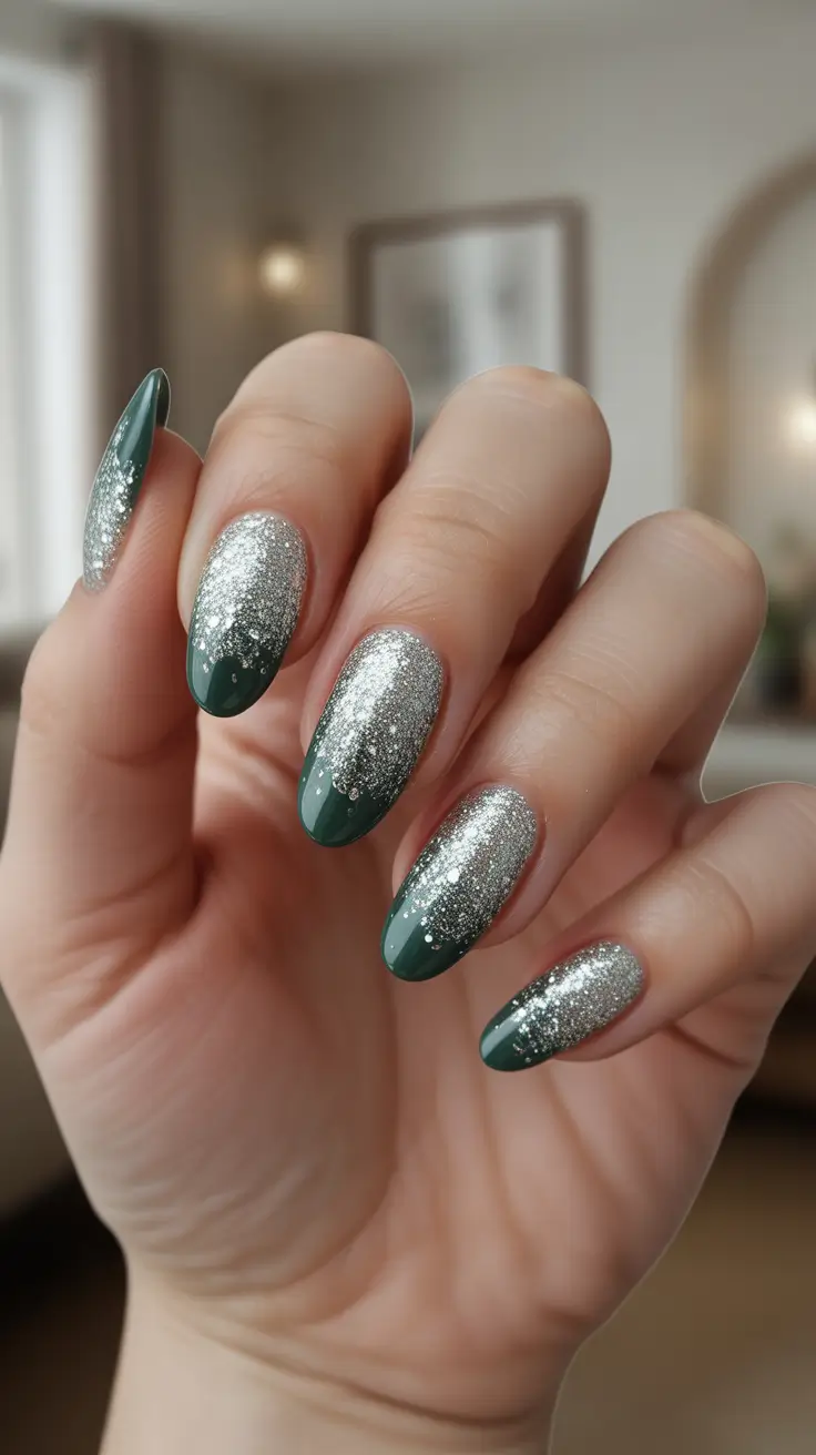 Modern Sparkly Nails Winter 2025-2026 - Emerald Almonds With Silver Snowfall Fade