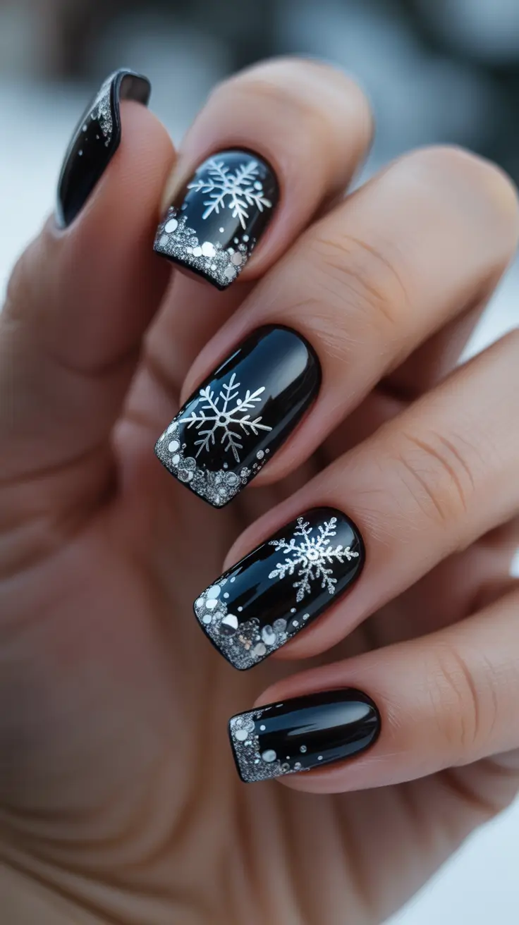Modern Sparkly Nails Winter 2025-2026 - Glossy Noir with Metallic Snowflakes