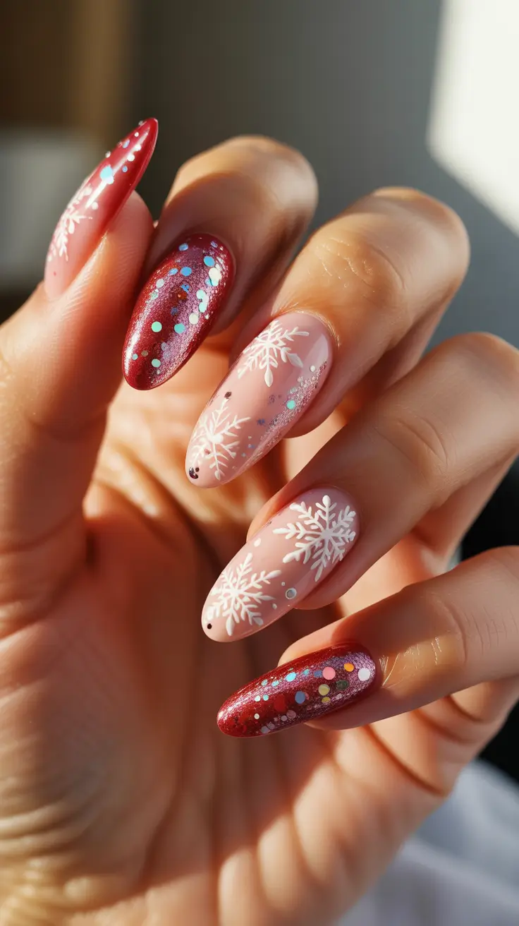 Modern Sparkly Nails Winter 2025-2026 - Rosy Almond Mix - Snowflakes & Ruby Confetti