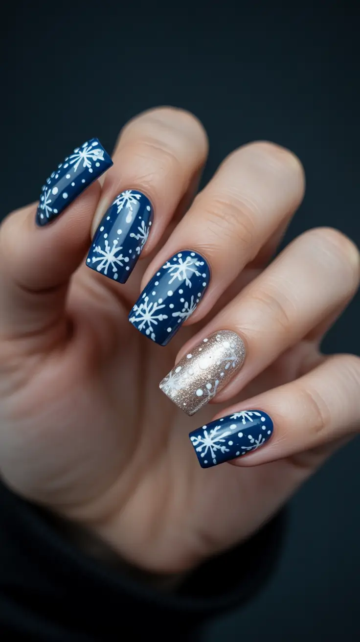 Modern Sparkly Nails Winter 2025-2026 - Midnight Navy with Snowfall and a Champagne Accent