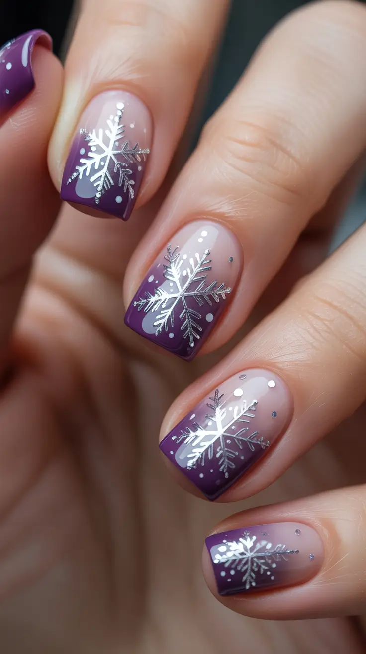 Modern Sparkly Nails Winter 2025-2026 - Plum-Violet French with Silver Snowflakes