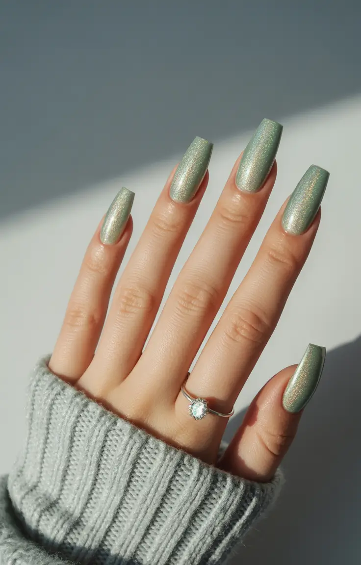 Modern Sparkly Nails Winter 2025-2026 - Frosted Sage Shimmer Squares