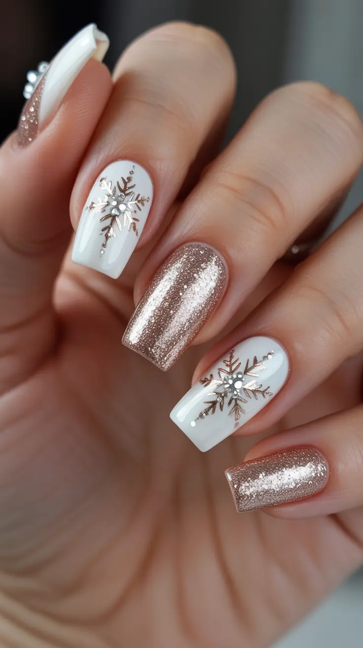 Modern Sparkly Nails Winter 2025-2026 - Rose-Gold Snowflakes on Milky White