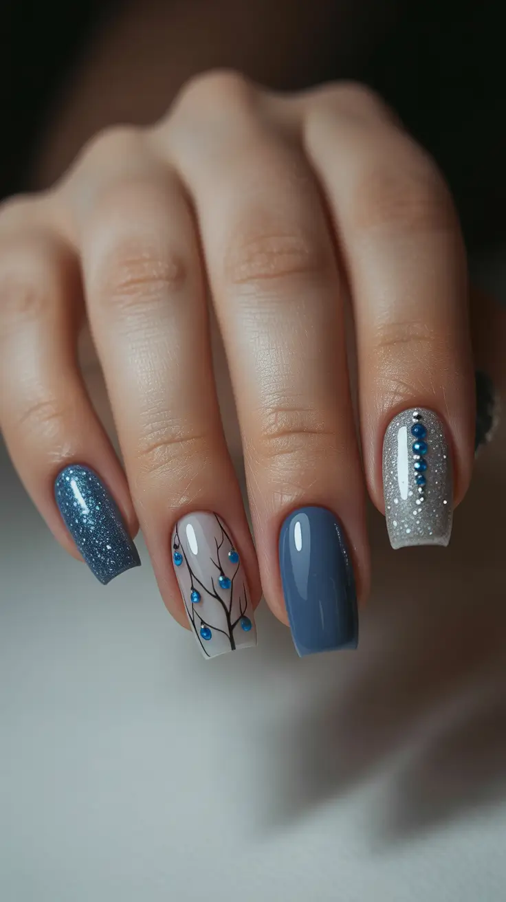 Modern Sparkly Nails Winter 2025-2026 - Nordic Night Blues With Studded Accents