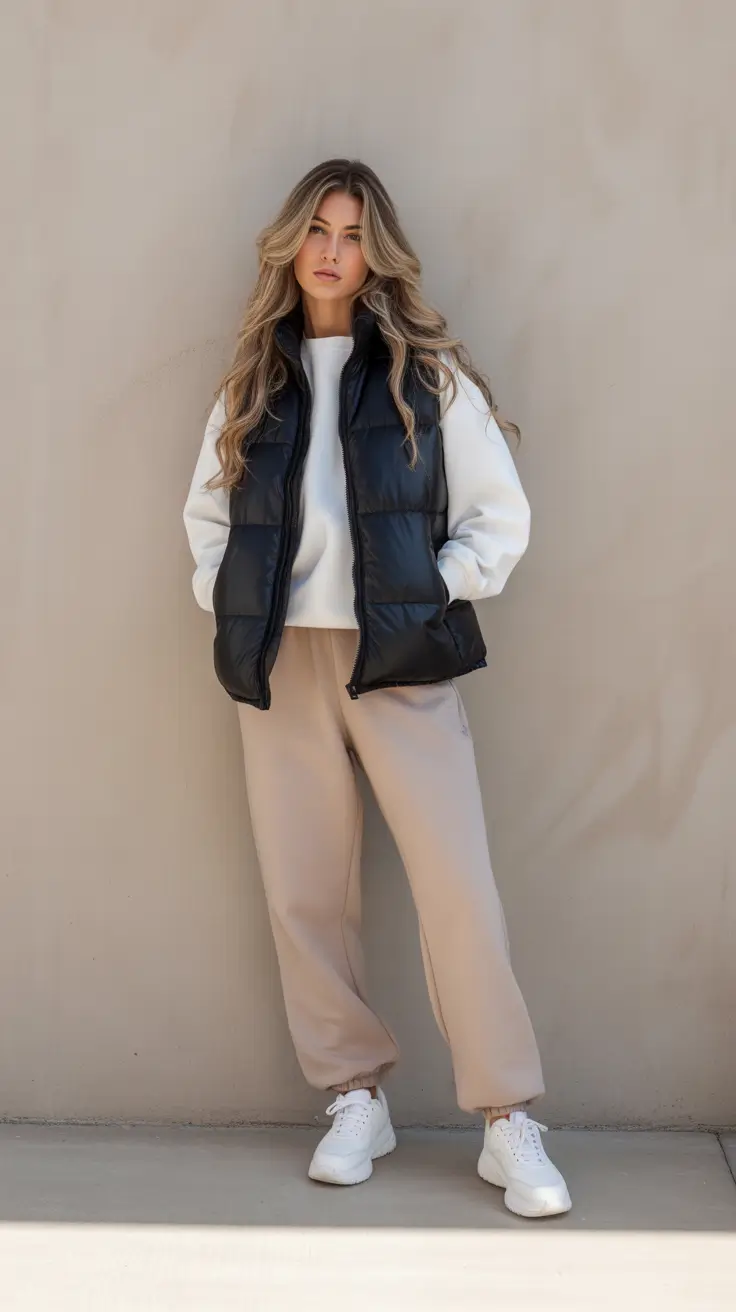 sweatpants outfits ideas for women 2026 - Neutral Joggers With a Sleek Puffer Vest