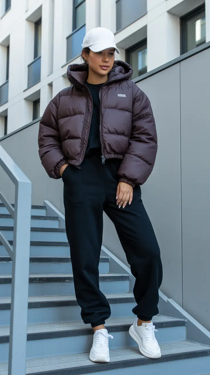 sweatpants outfits ideas for women 2026 - Chocolate Puffer With Black Base
