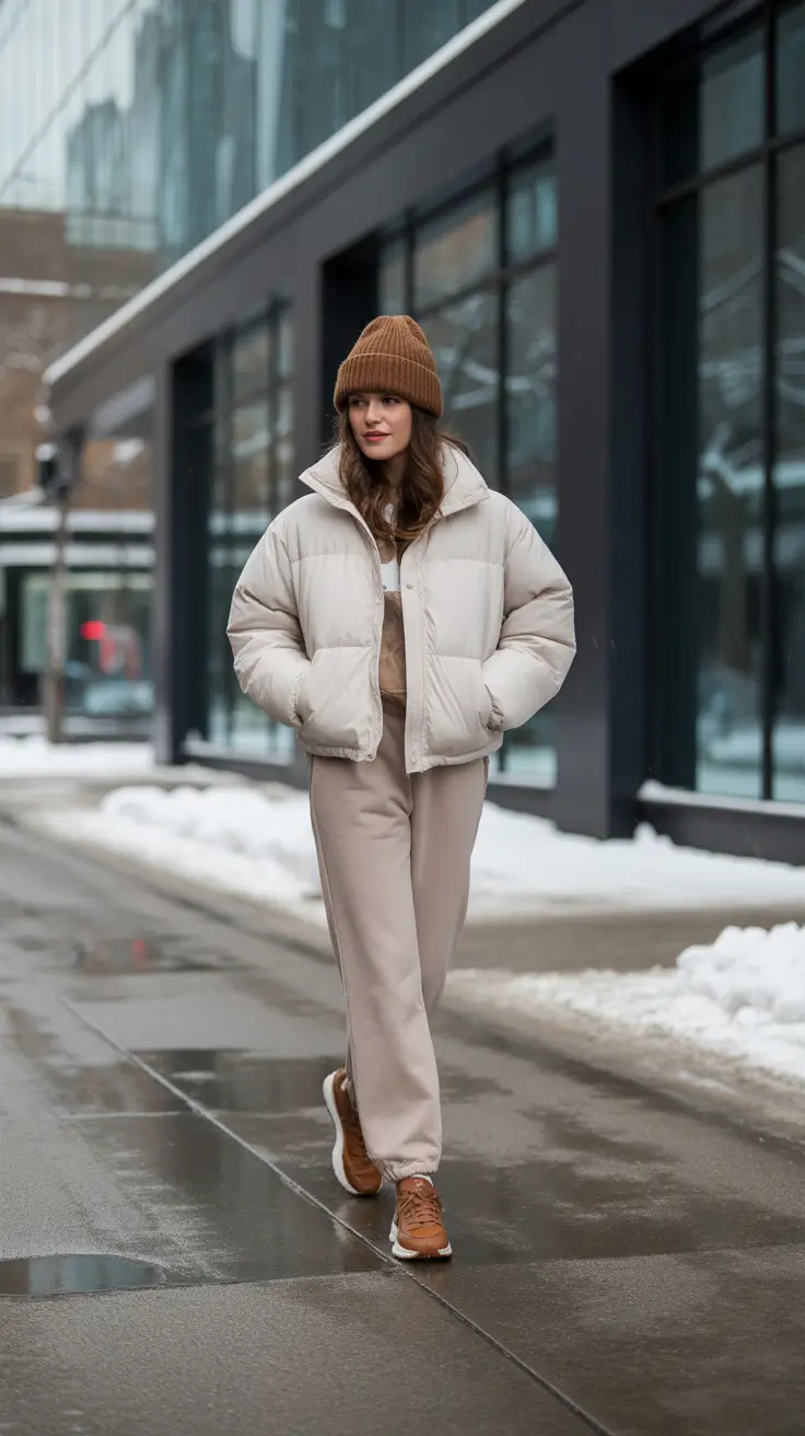 sweatpants outfits ideas for women 2026 - Toffee Monochrome With Beanie And Trail Sneakers