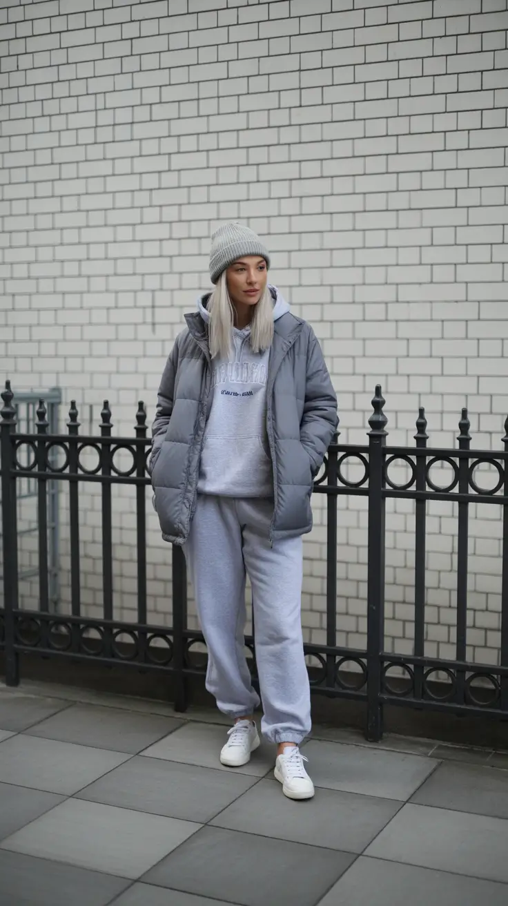 sweatpants outfits ideas for women 2026 - Tonal Grey Layers With Beanie